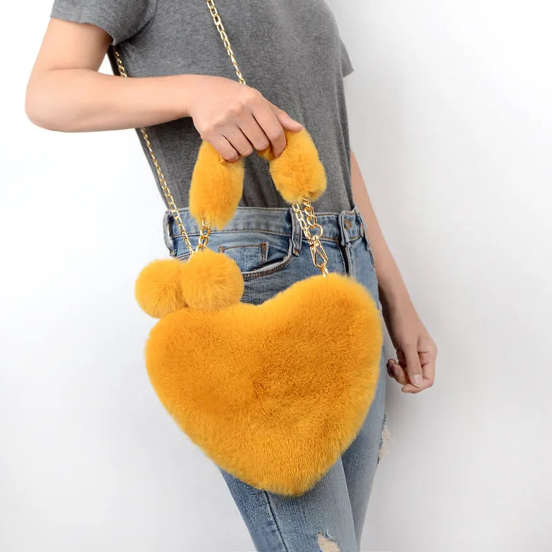 Heart-shaped soft plush women's handbag with detachable strap in medium size