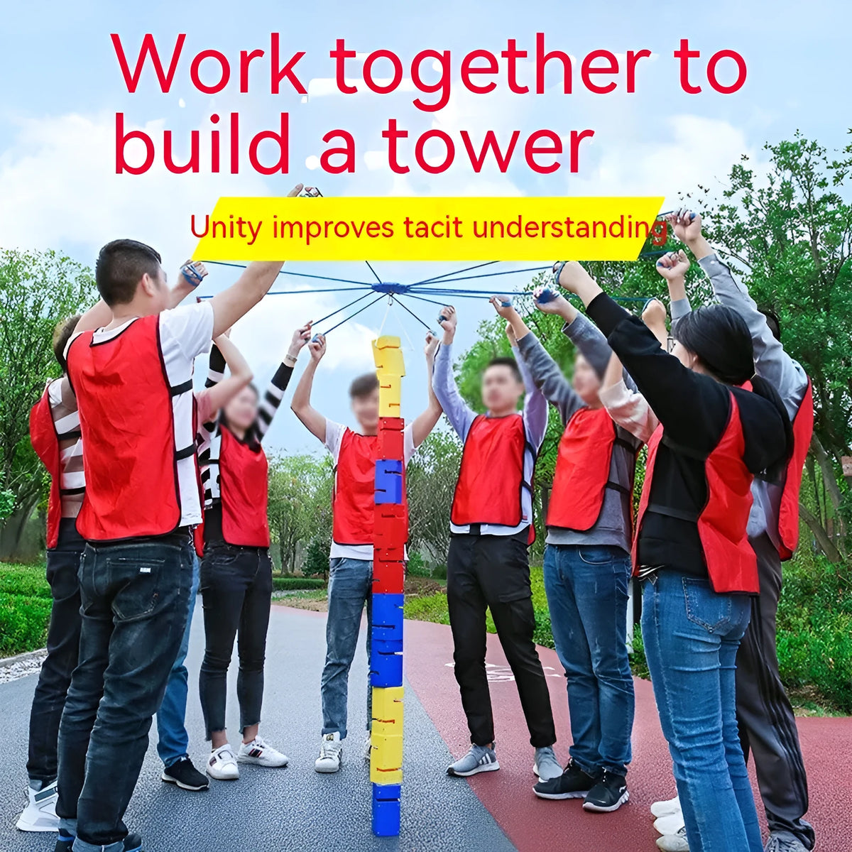 ABS plastic team building tower construction set with pull ropes and interlocking blocks in multiple colours