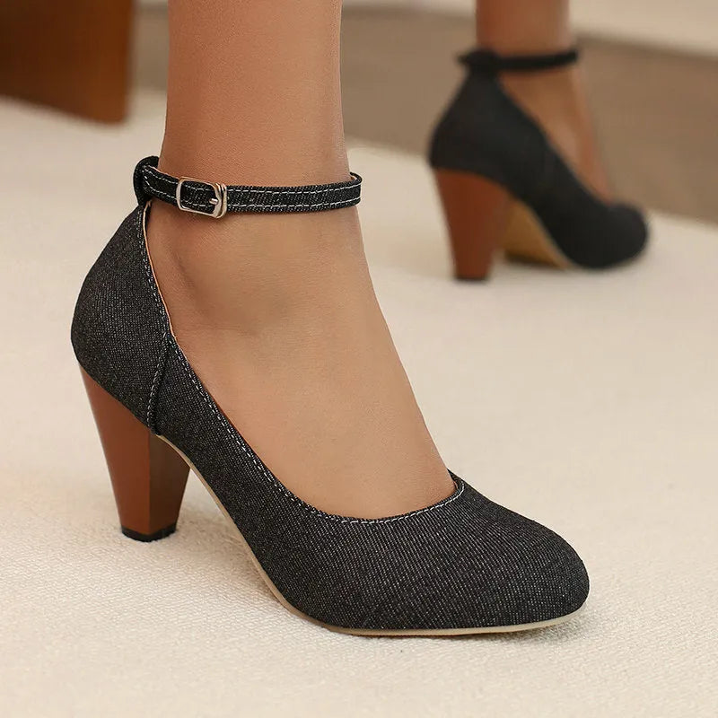 Women's blue denim platform high heel shoes with buckle fastening and round toe