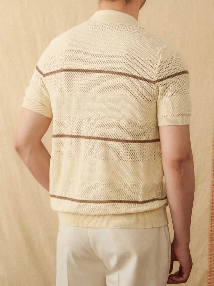 Camel coloured cotton linen blend short sleeve cardigan with lapel collar laid flat