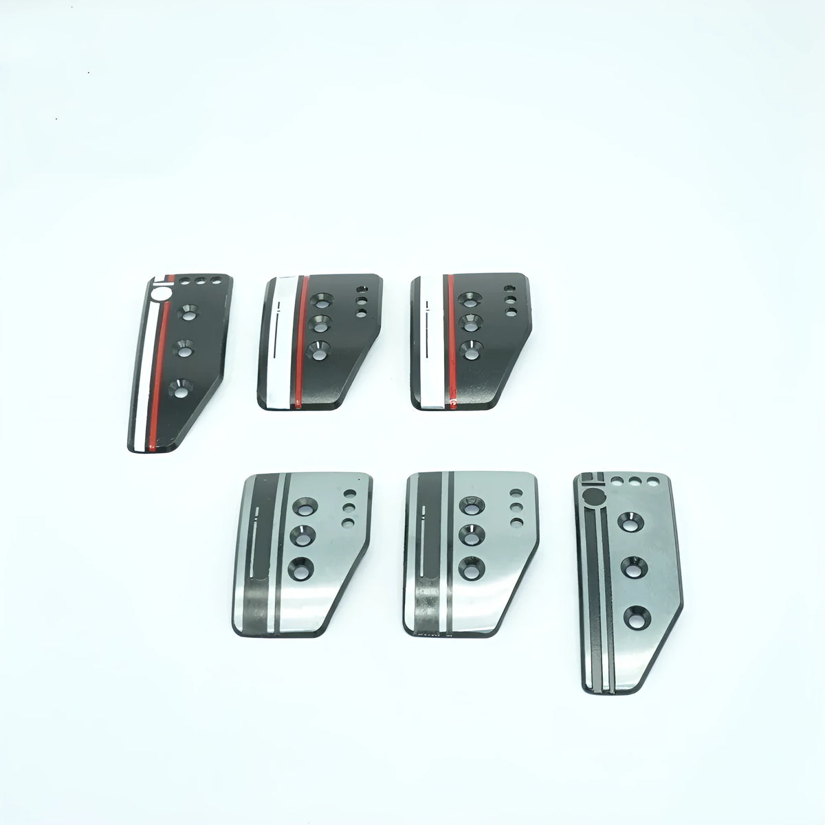 Aluminium alloy manual transmission car pedal set showing brake, accelerator, and clutch pedals.