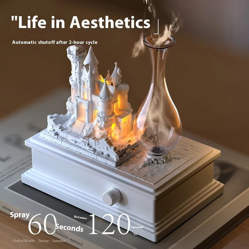 White medieval castle waterless aromatherapy machine with cold fragrance technology and USB-C charging port
