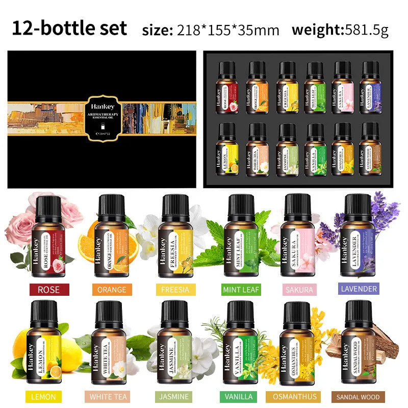 Boxed set of water-soluble aromatherapy essential oils for fresh air function, showing multiple bottles.