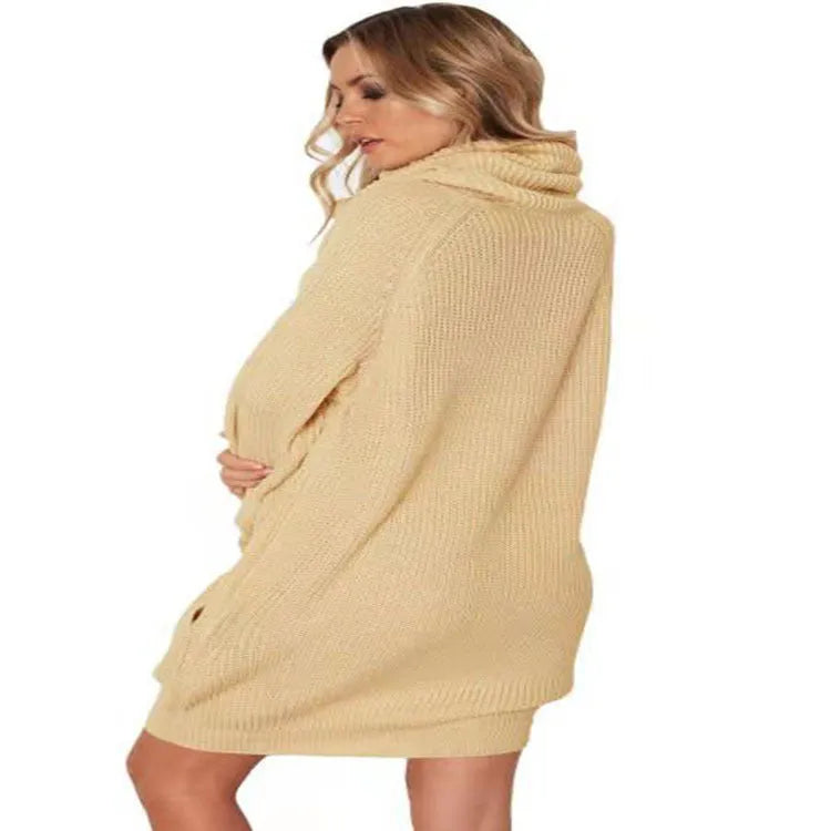 Apricot coloured pullover sweater with lapel neckline and side pockets on mannequin