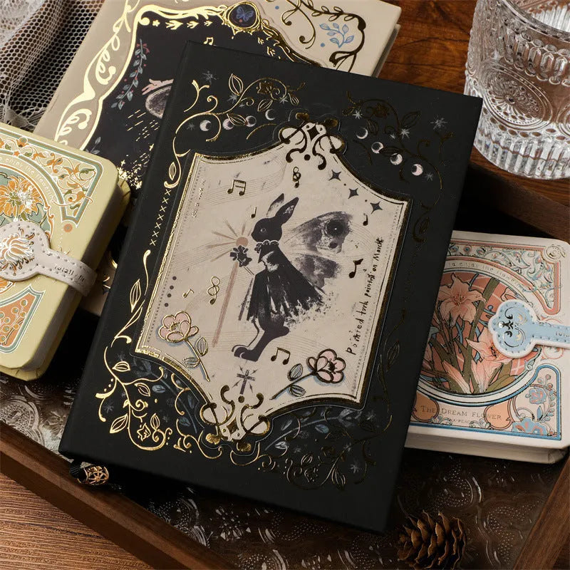 THALO Gothic style A5 notebook with rabbit, forest, or red fruit cover art, showing 40g wood pulp paper.