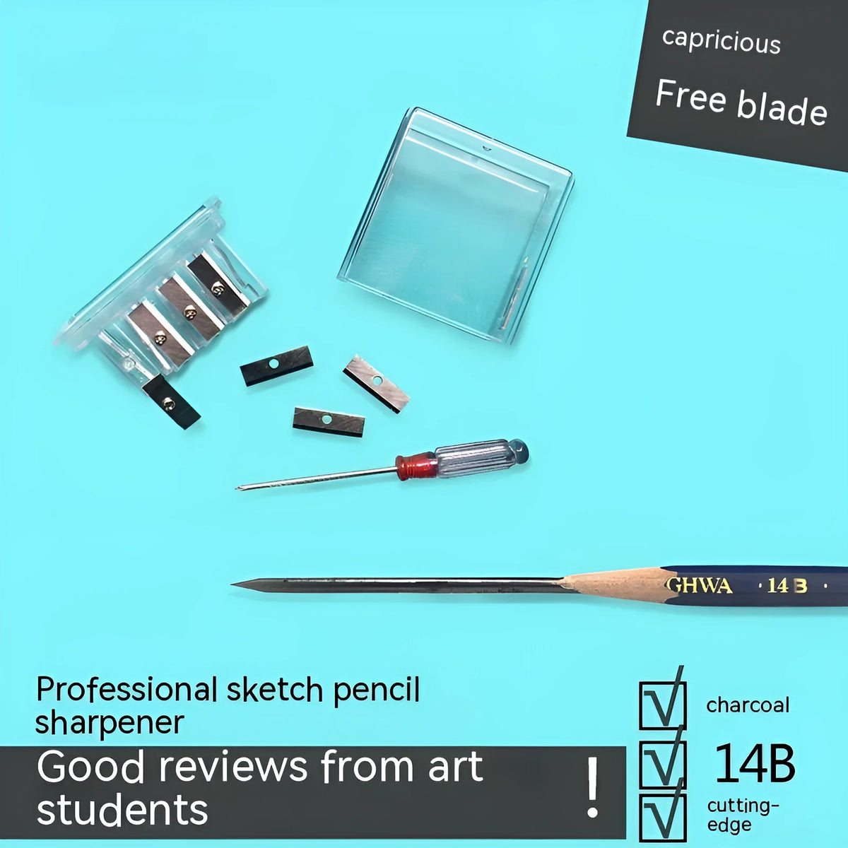 A geometric plastic pencil sharpener with four holes, shown with its integrated screwdriver tool.