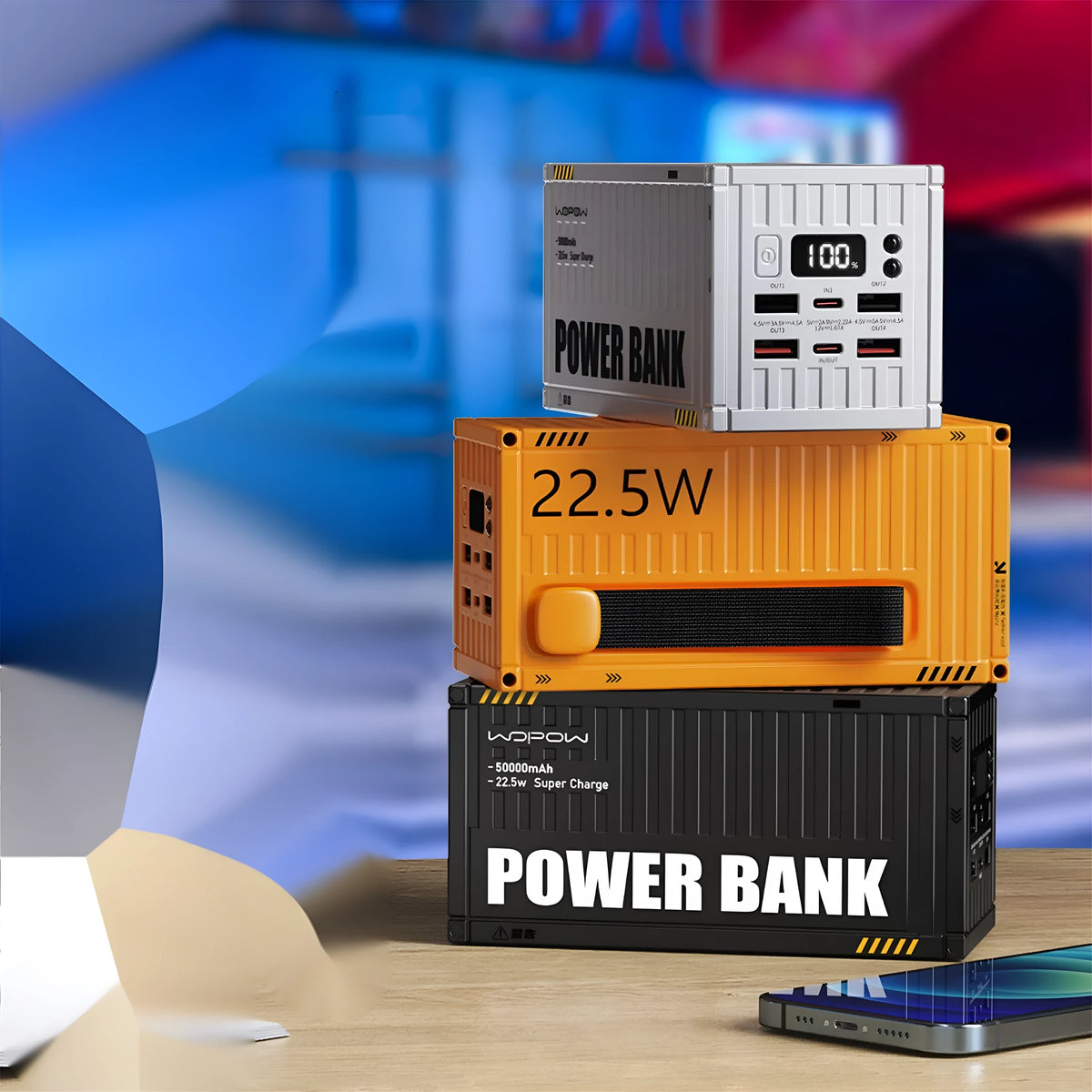 Yellow, black, and silver 50000mAh digital display power bank with five output ports