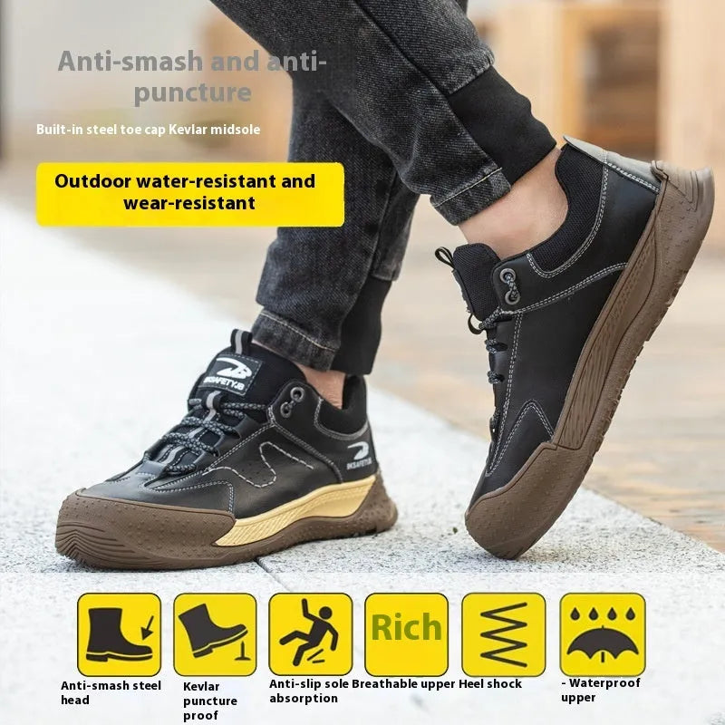 Men's leather work safety shoe with a black rubber sole, shown in a neutral colour.