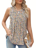 A black plus-size sleeveless vest with a floral print, shown on a hanger, featuring a round neck and loose fit.