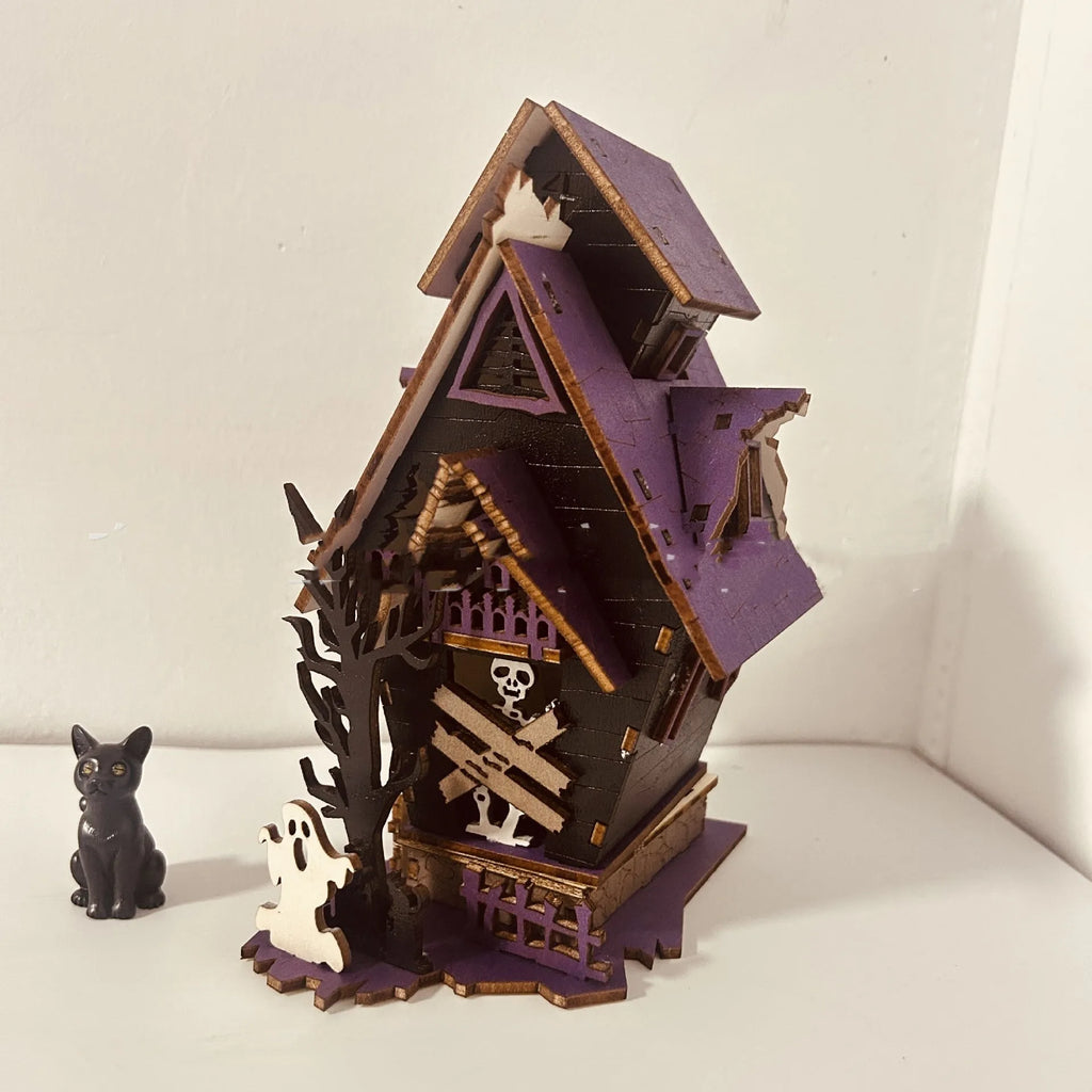 Wooden haunted house Halloween table decoration with luminous finish