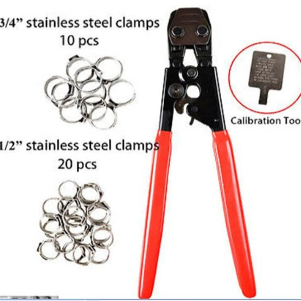 Red cloth style single ear PEX clamp tool set on a metal background.
