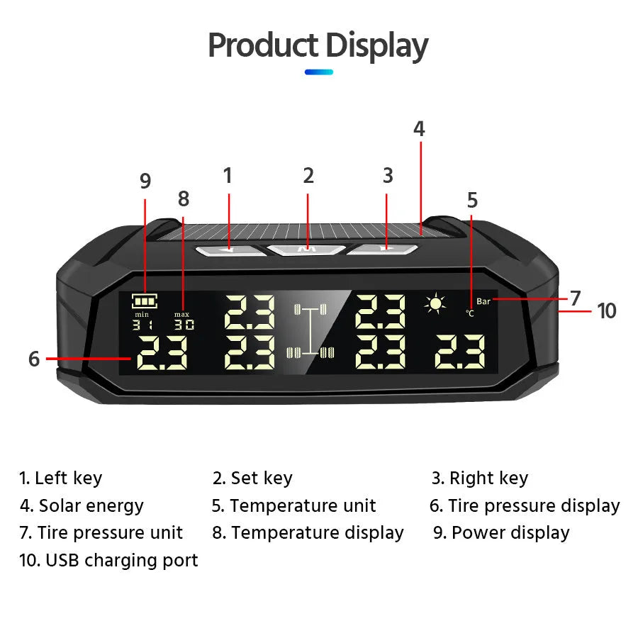 Solar tyre pressure monitor display unit with colour screen for six-wheel trucks and RVs