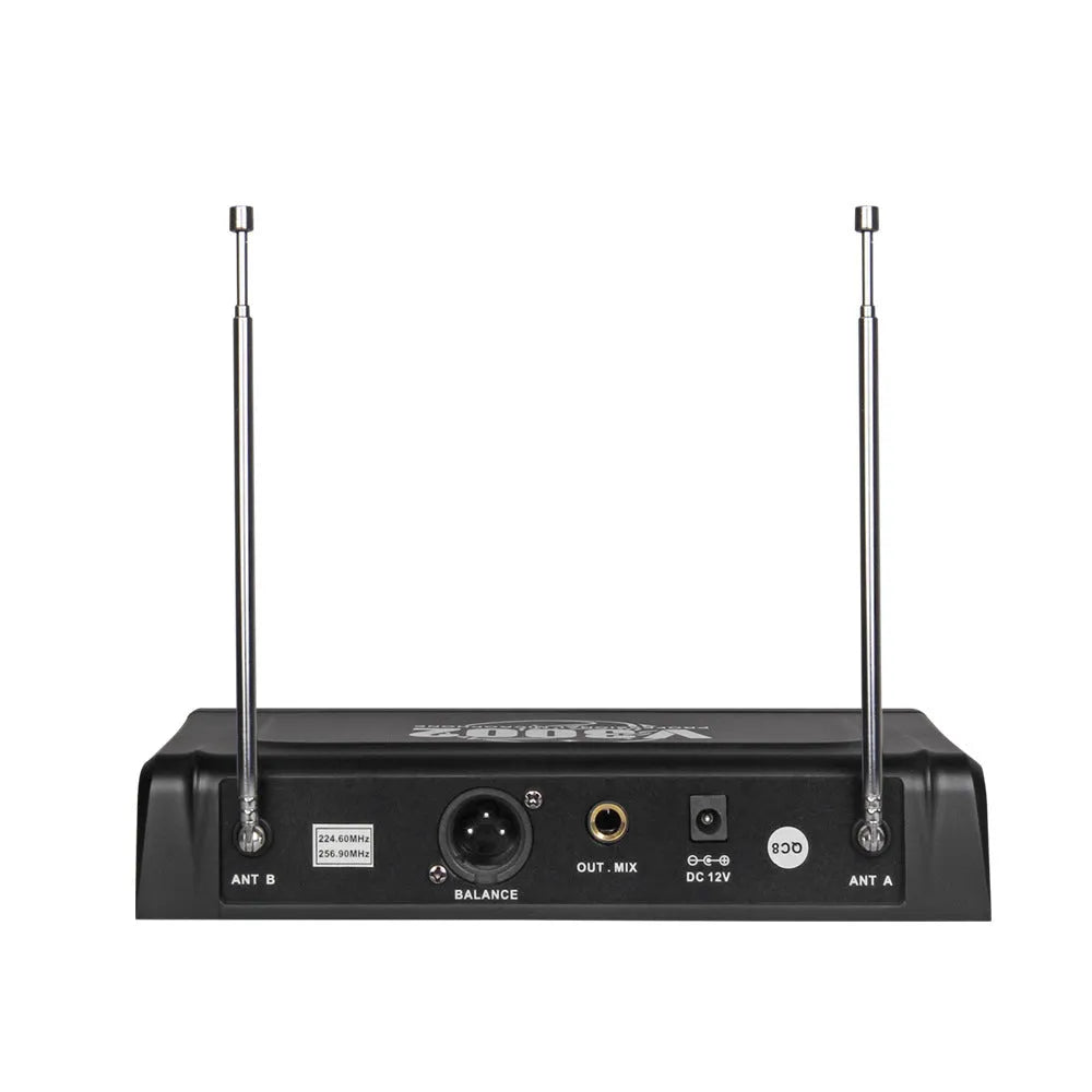 V-3002 wireless microphone system with two black handheld microphones and compact transmitter unit