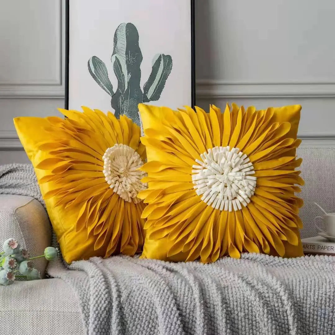 45cm velvet cushion cover with 3D tufted chrysanthemum front, fringed hem and bottom zip, shown in blue