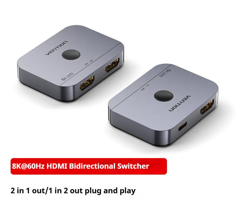 Grey alloy HDMI cable splitter for converting computer audio and video to two television screens.