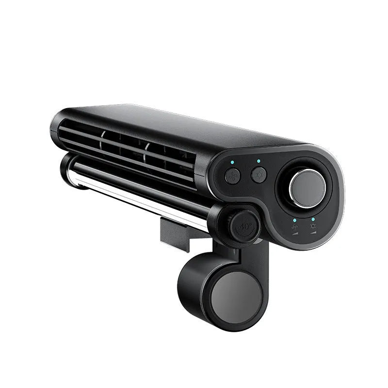 Black bladeless clip-on fan with LED light attached to laptop screen showing USB cable connection