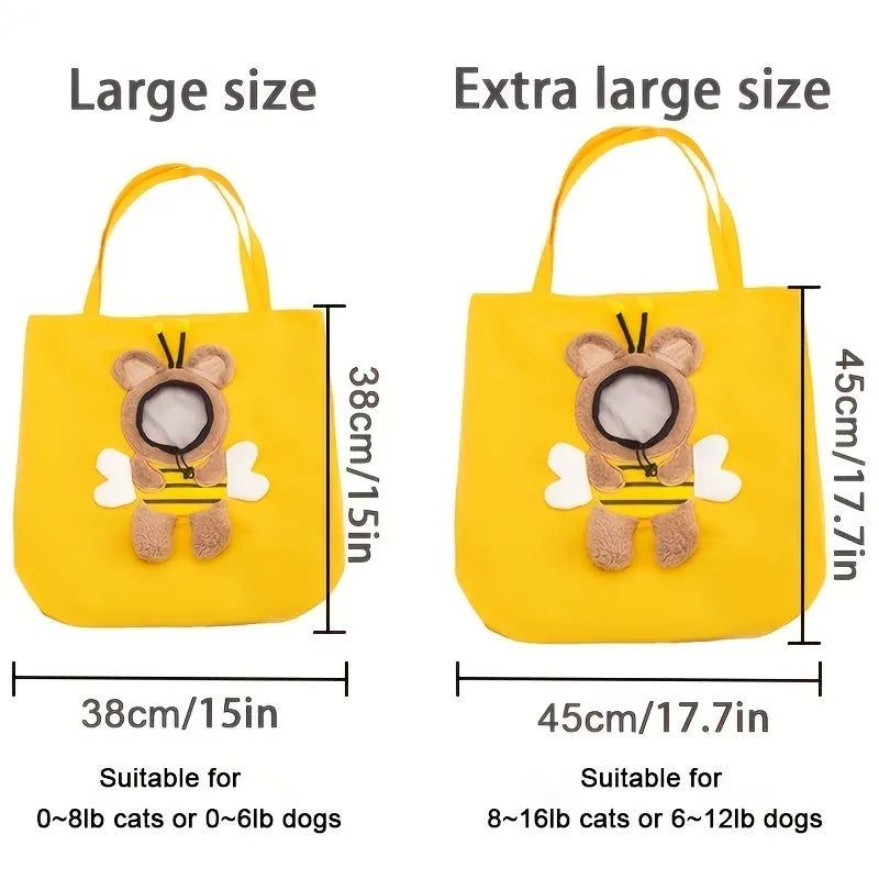 Little Bee Design canvas pet carrier shoulder bag in blue with animal pattern and adjustable side opening.