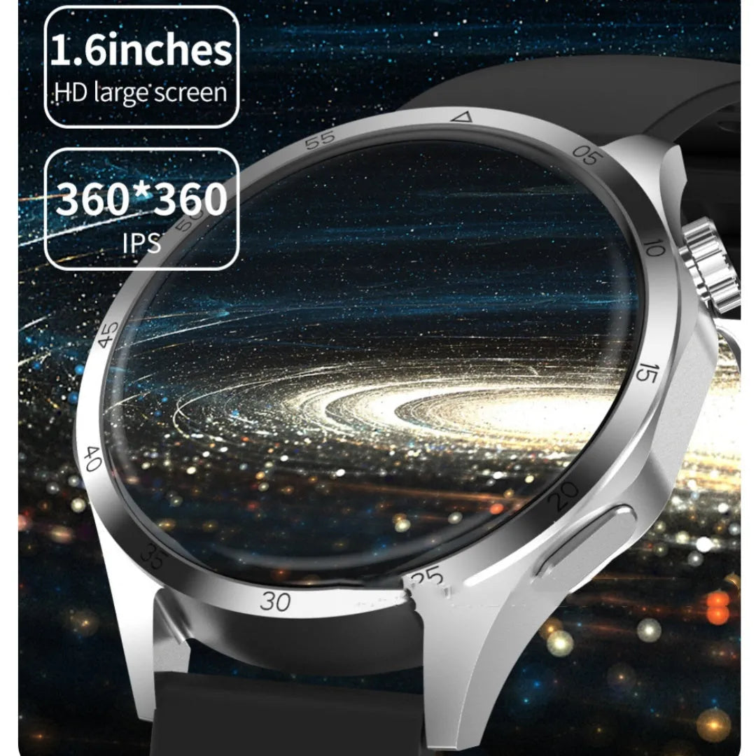 Black Bluetooth smartwatch with a TFT screen showing a heart rate graph, placed next to its charging cable.