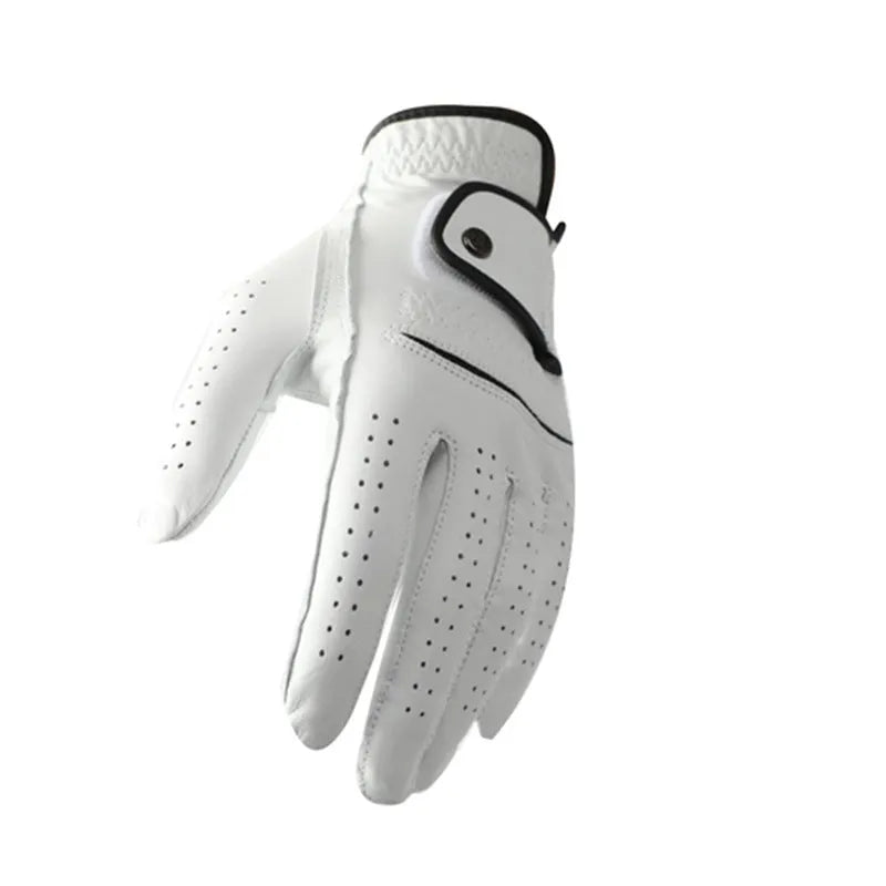 White men's golf glove made from half sheepskin leather showing palm grip detail
