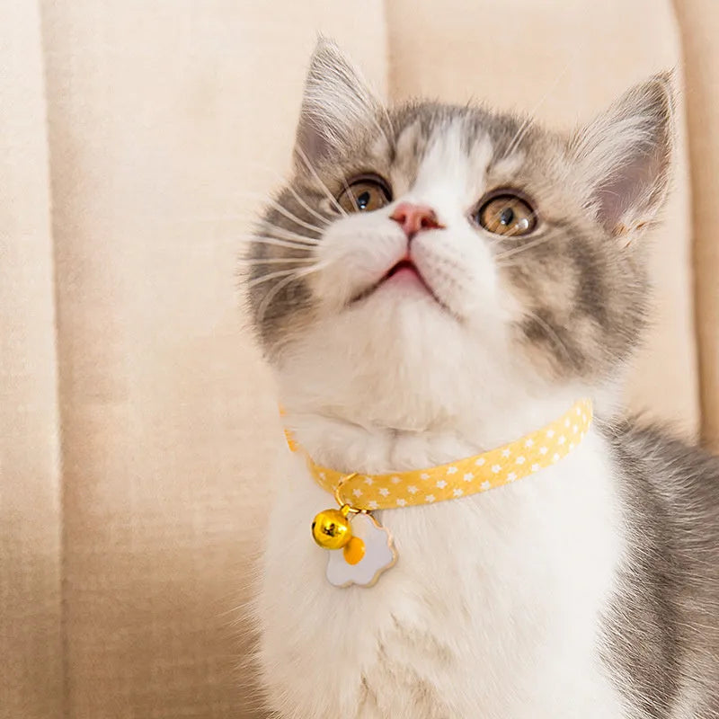 Green adjustable cat collar with a bow tie and bell pendant on a white background.