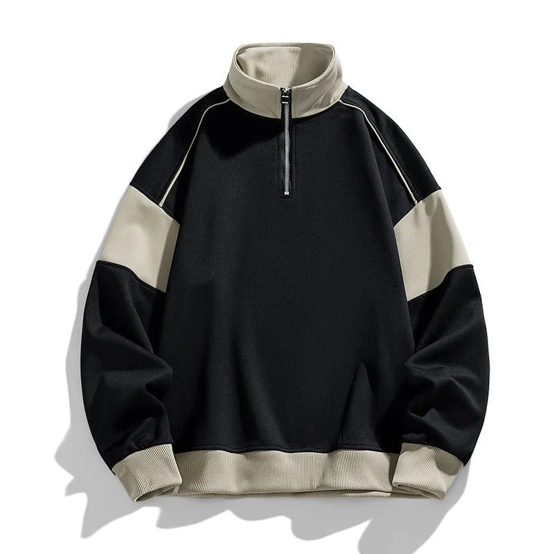 Men's hooded corduroy sweater with drop shoulder design and loose lapels in black, rice coffee and white colours