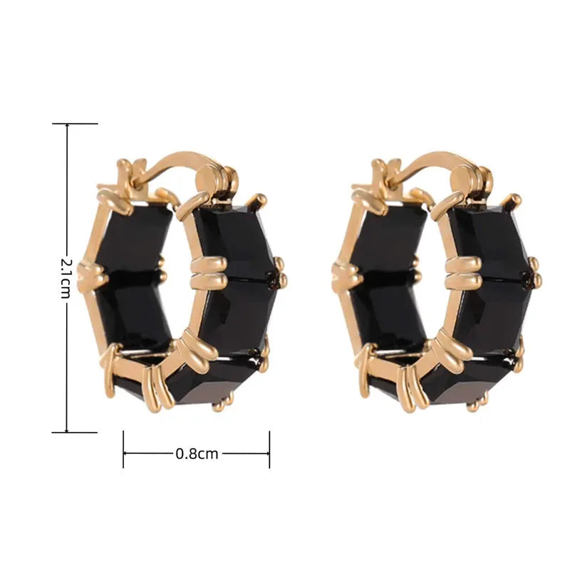 Geometric U-shaped women's earrings with round crystal zirconium stones in copper with gold electroplating
