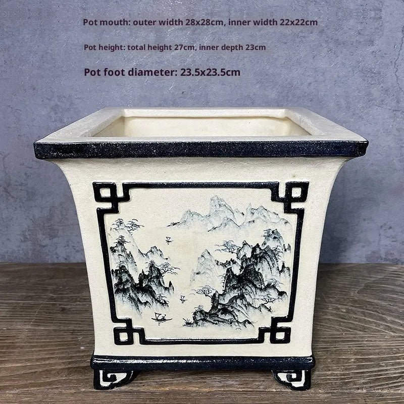 Hand painted ceramic flower pot with glazed finish and Chinese style landscape painting in Beautiful Scenery design