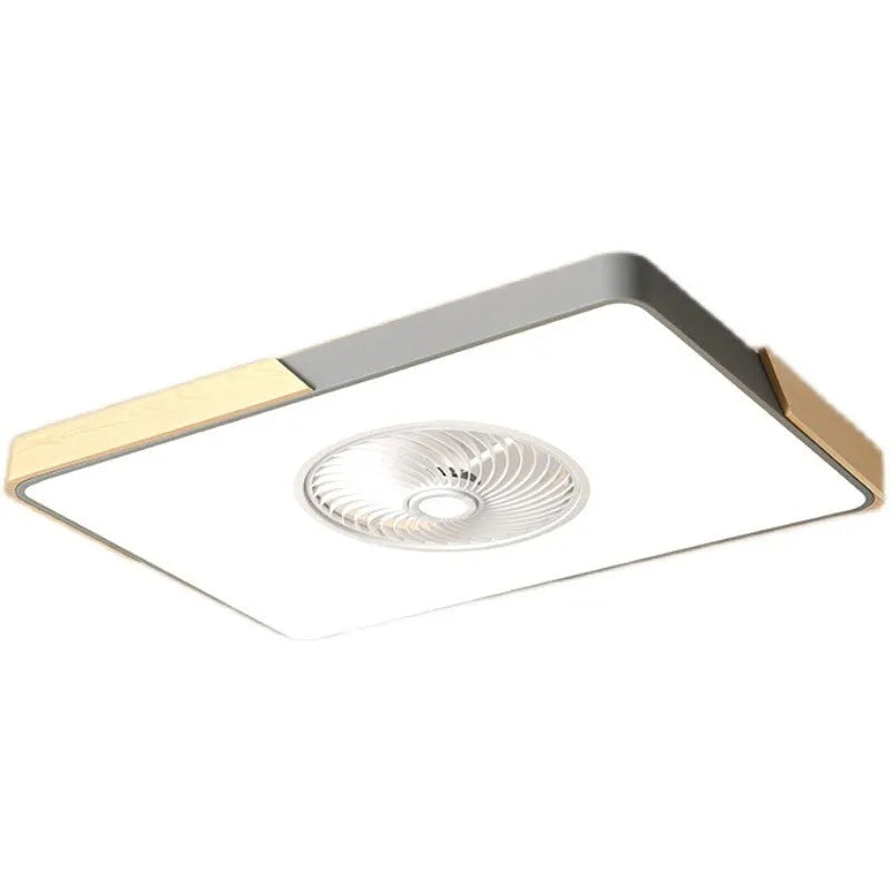 Nordic style ceiling fan and light fixture with solid wood mounting base on a white ceiling