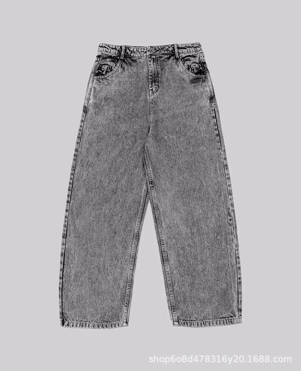 Grey loose straight-leg cotton denim trousers on a hanger
