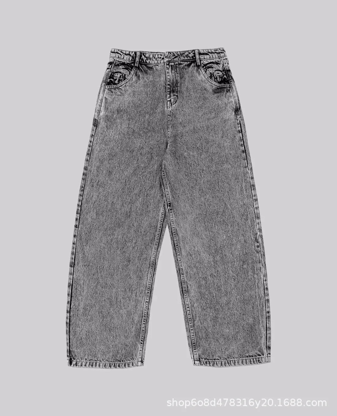 Grey loose straight-leg cotton denim trousers on a hanger
