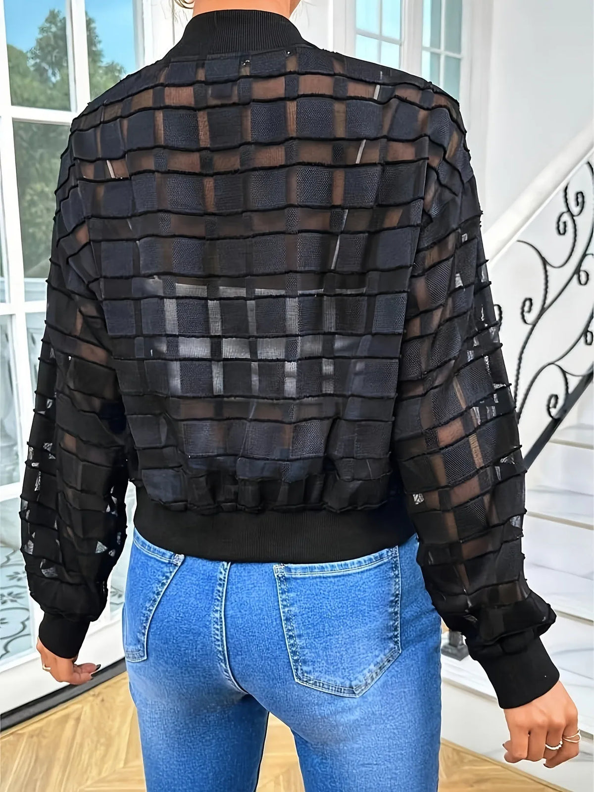 Black women's geometric pattern semi-transparent casual jacket with front zip
