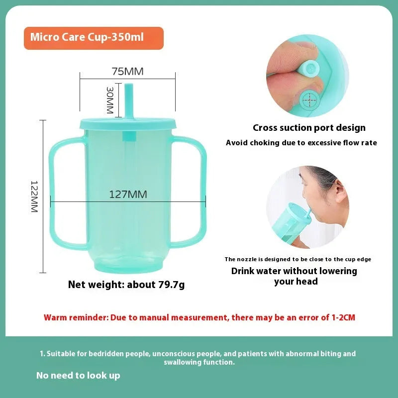 Elderly bed drinking cup with oblique mouth design, handle, and secure lid