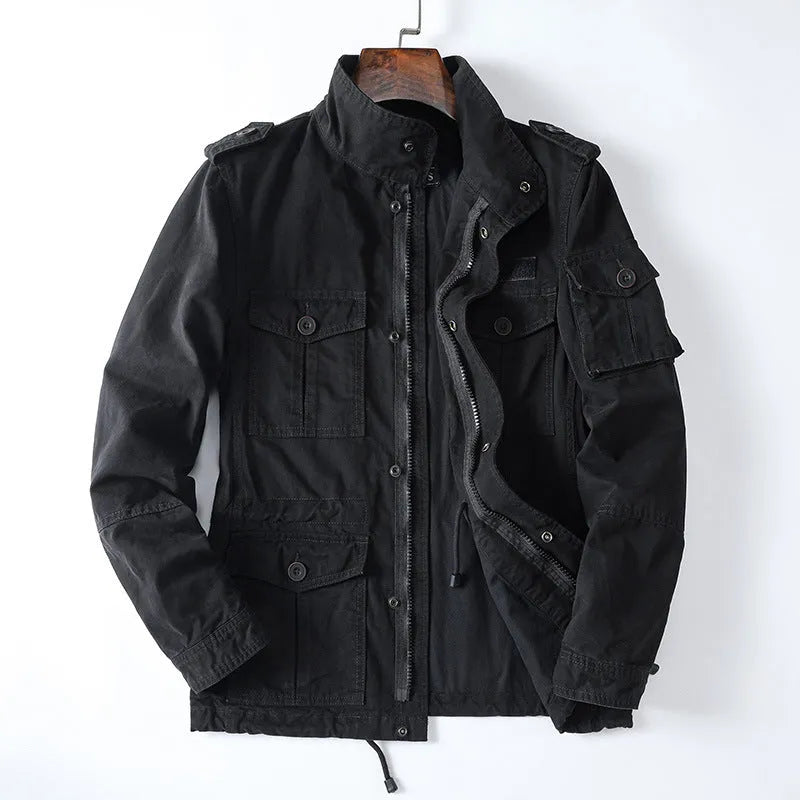 Men's loose-fit cotton twill jacket in light coffee brown colour with a front zip.
