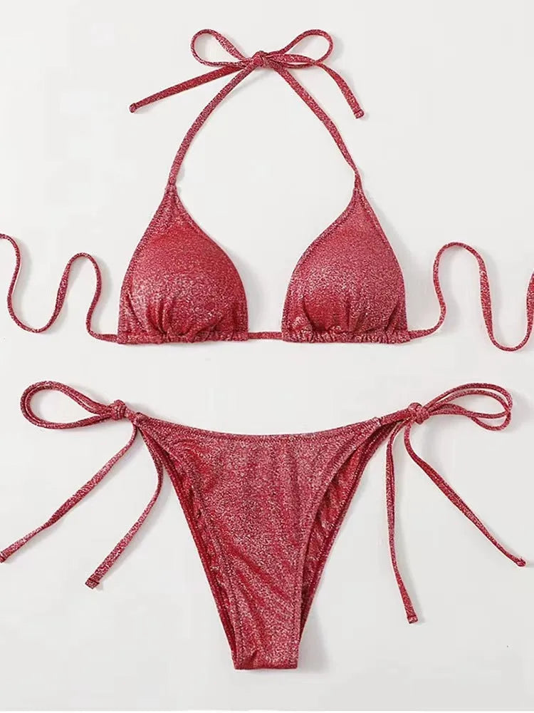 Women's khaki gold bandage-style bikini with a split design detail, shown as a two-piece set.