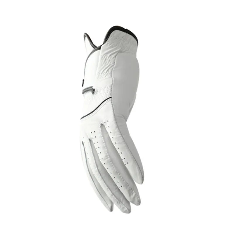 White men's golf glove made from half sheepskin leather showing palm grip detail