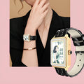 Women's smart bracelet with colour touchscreen on a genuine leather wrist strap.