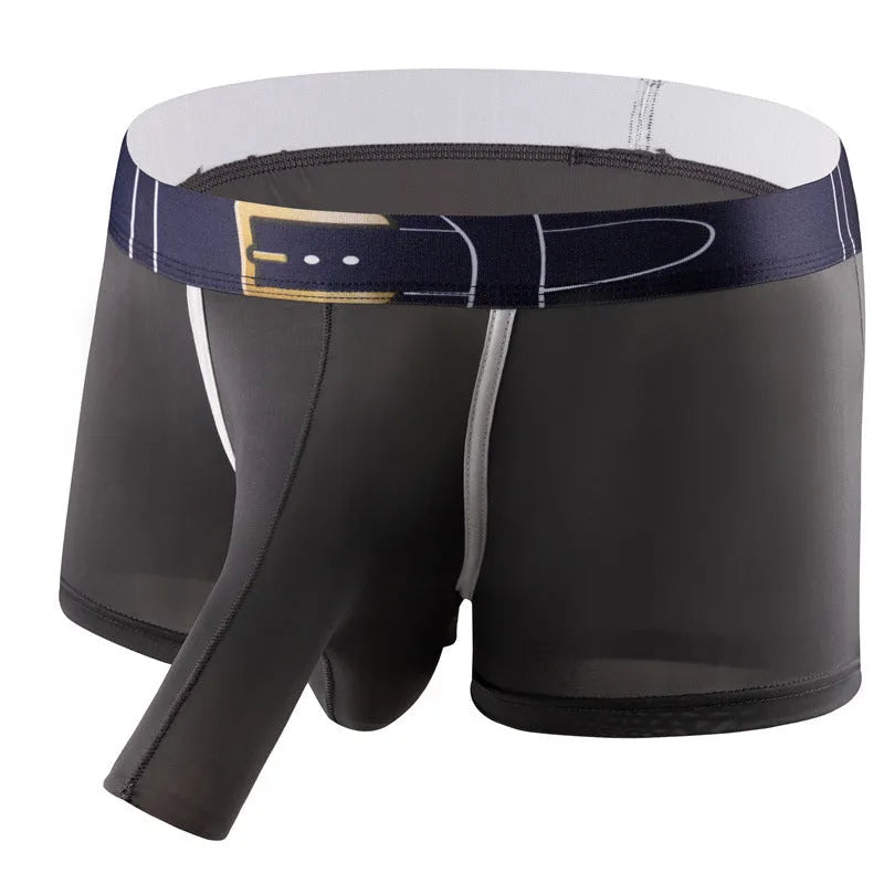 Men's grey ice silk boxer briefs laid flat, showing mid-waist design and solid colour.