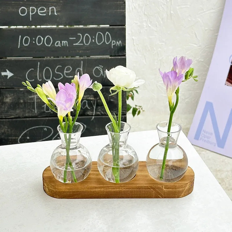 Wooden frame hydroponic vase decoration with transparent glass vases for indoor plants