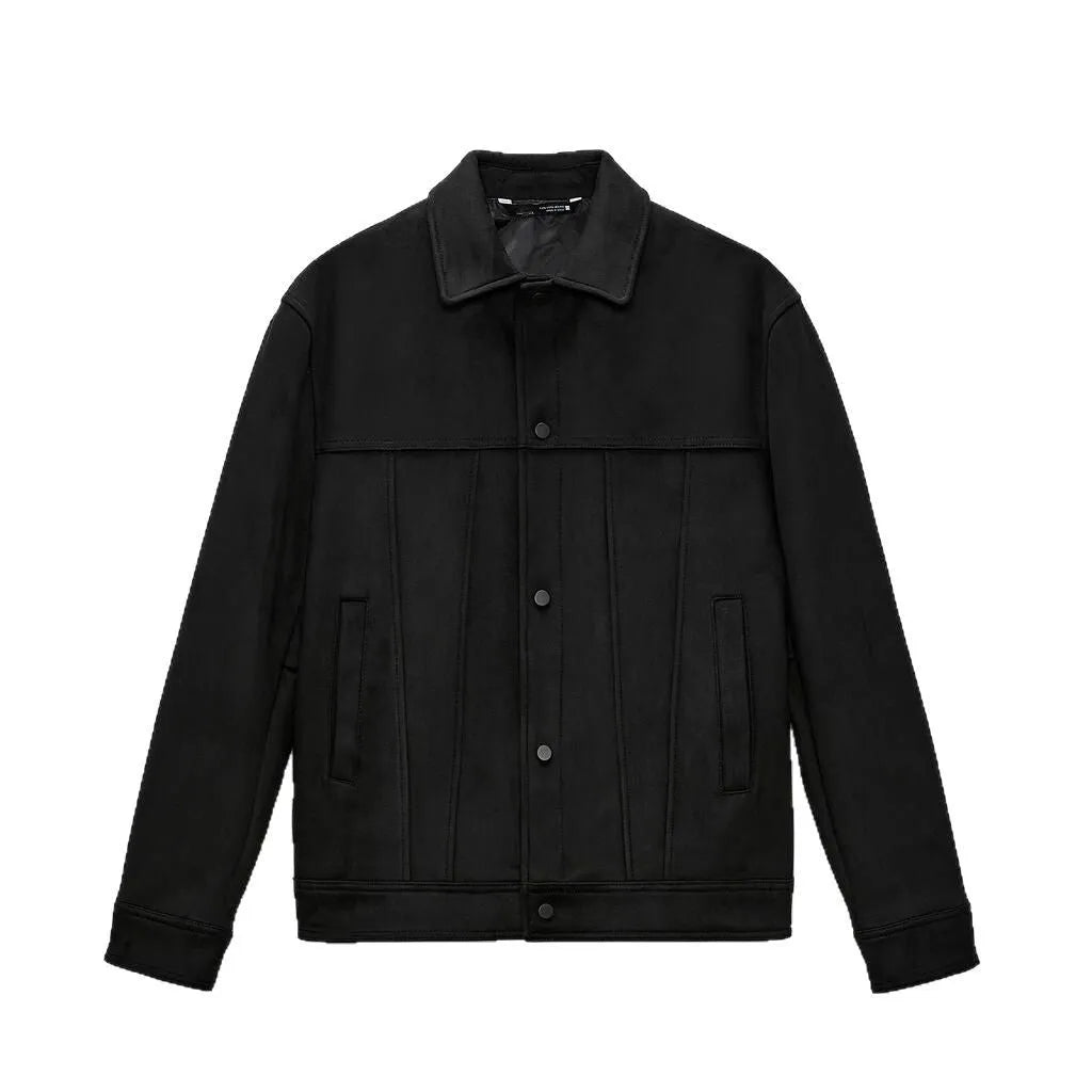 Men's black hooded jacket with suede collar showing loose sleeves and straight hem