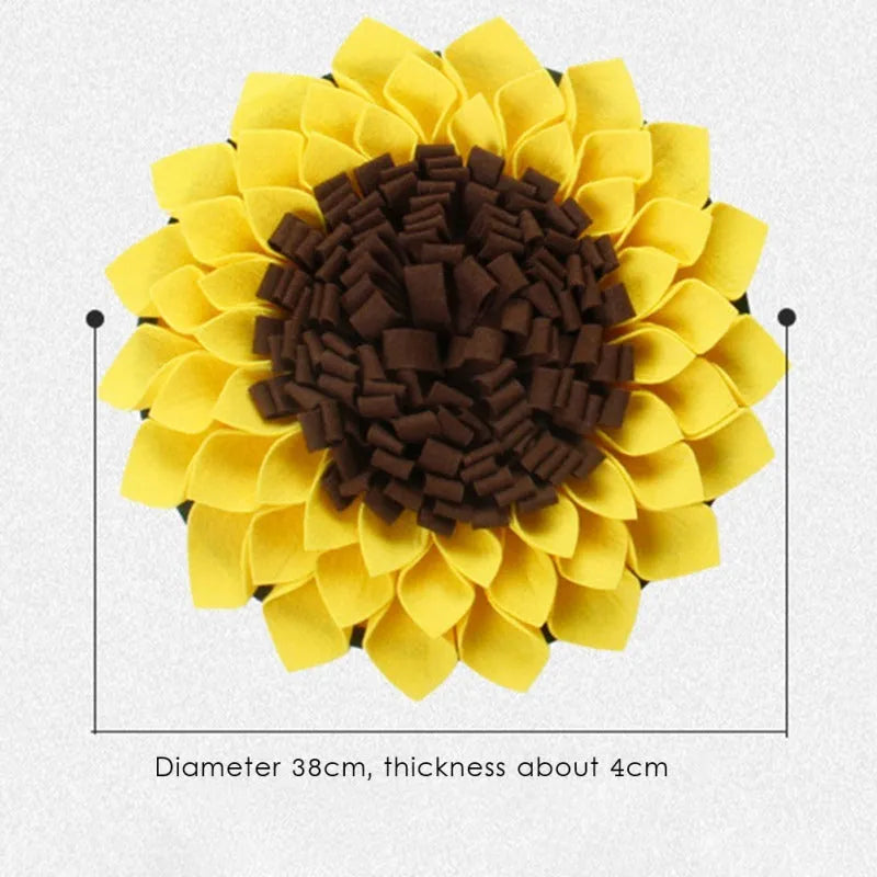 Yellow sunflower shaped dog snuffle mat with fleece petals for hiding treats during nosework training