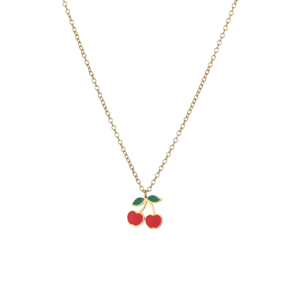 Cherry jewellery set showing necklace, bracelet, earrings, and ring with stainless steel construction and gold plating