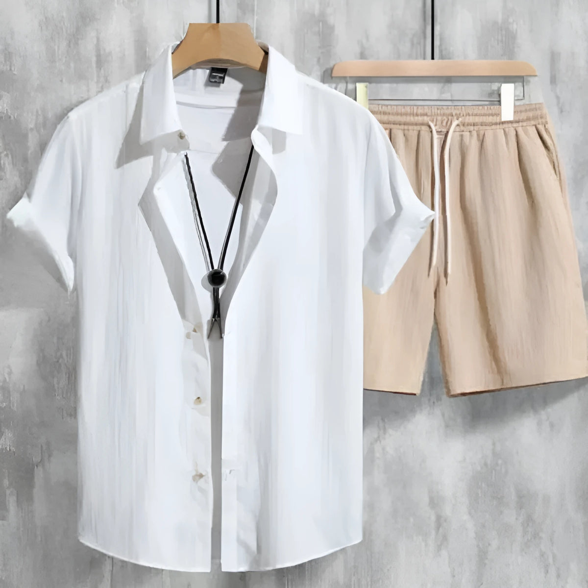 Men's casual short sleeve shirt and shorts set with 3D print design in elastic polyester fabric.