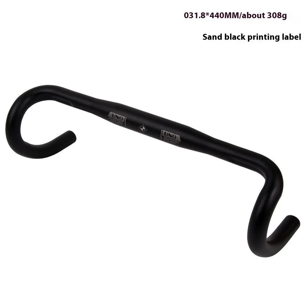 UNO black aluminium alloy road bike drop handlebar showing small bend and printing mark on clamp.