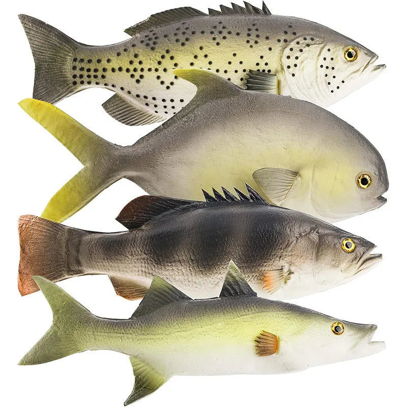 Three PU simulated fish ornaments showing yellow-fin tuna, small tuna and flower fish ocean creature models
