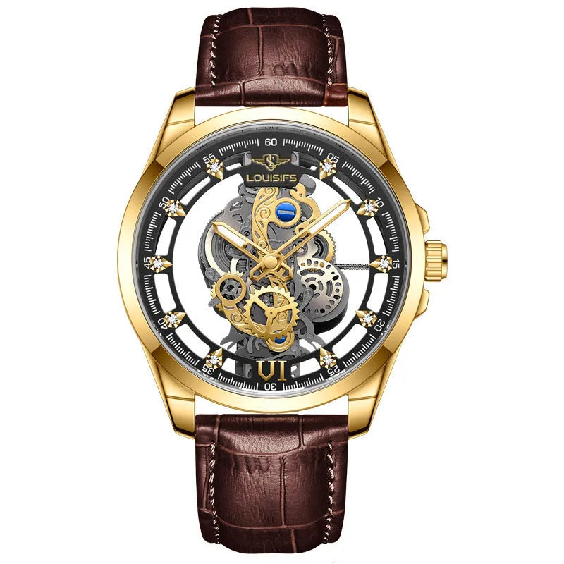 Men's Swiss quartz business watch with hollow design in black and gold or silver case options