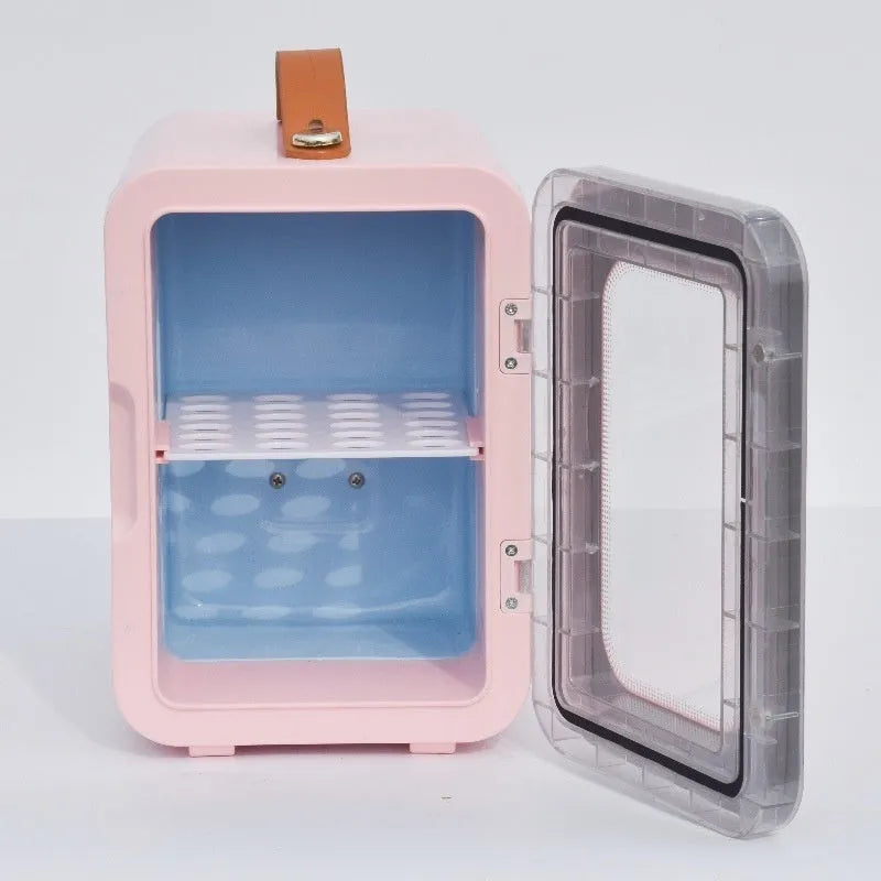Pink mini refrigerator with transparent door showing 6L capacity and hot/cold dual-use function