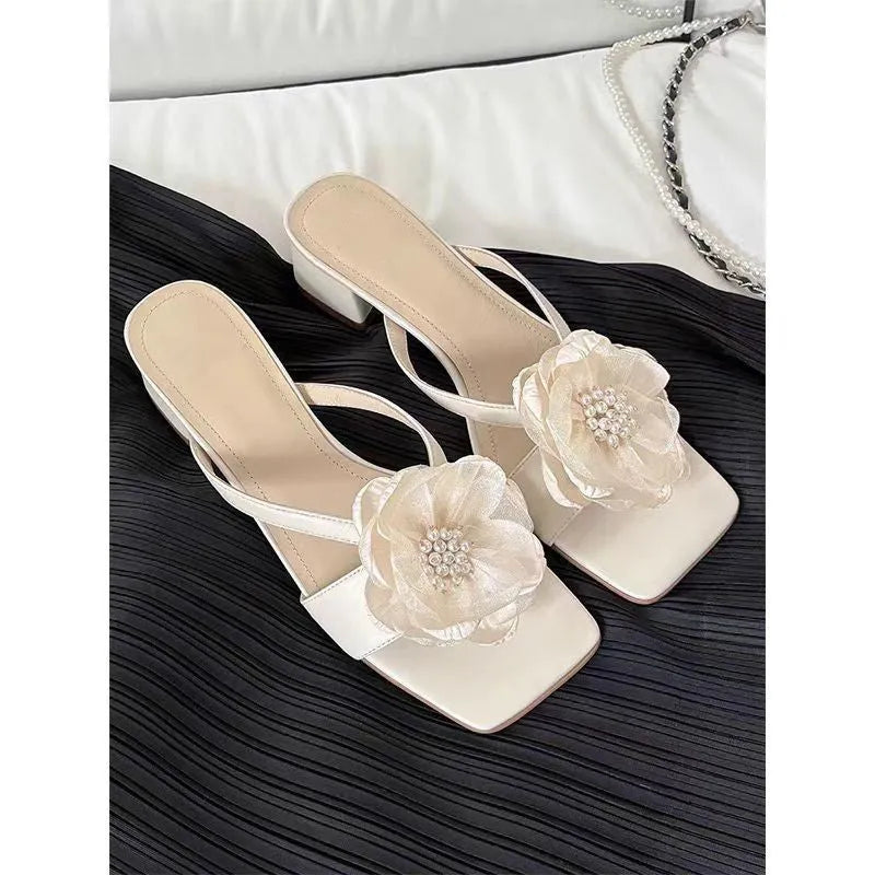 Women's chunky heel square toe sandals with satin upper in cream-white colour, Korean style one-line strap design
