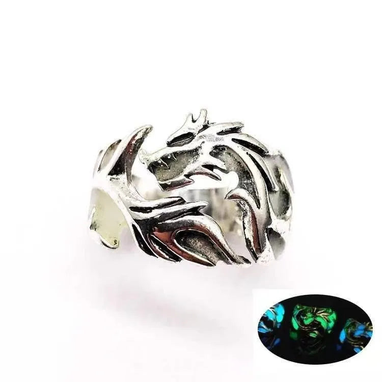 Chinese style adjustable ring with luminous dragon pattern in antique silver blue and green electroplated finish