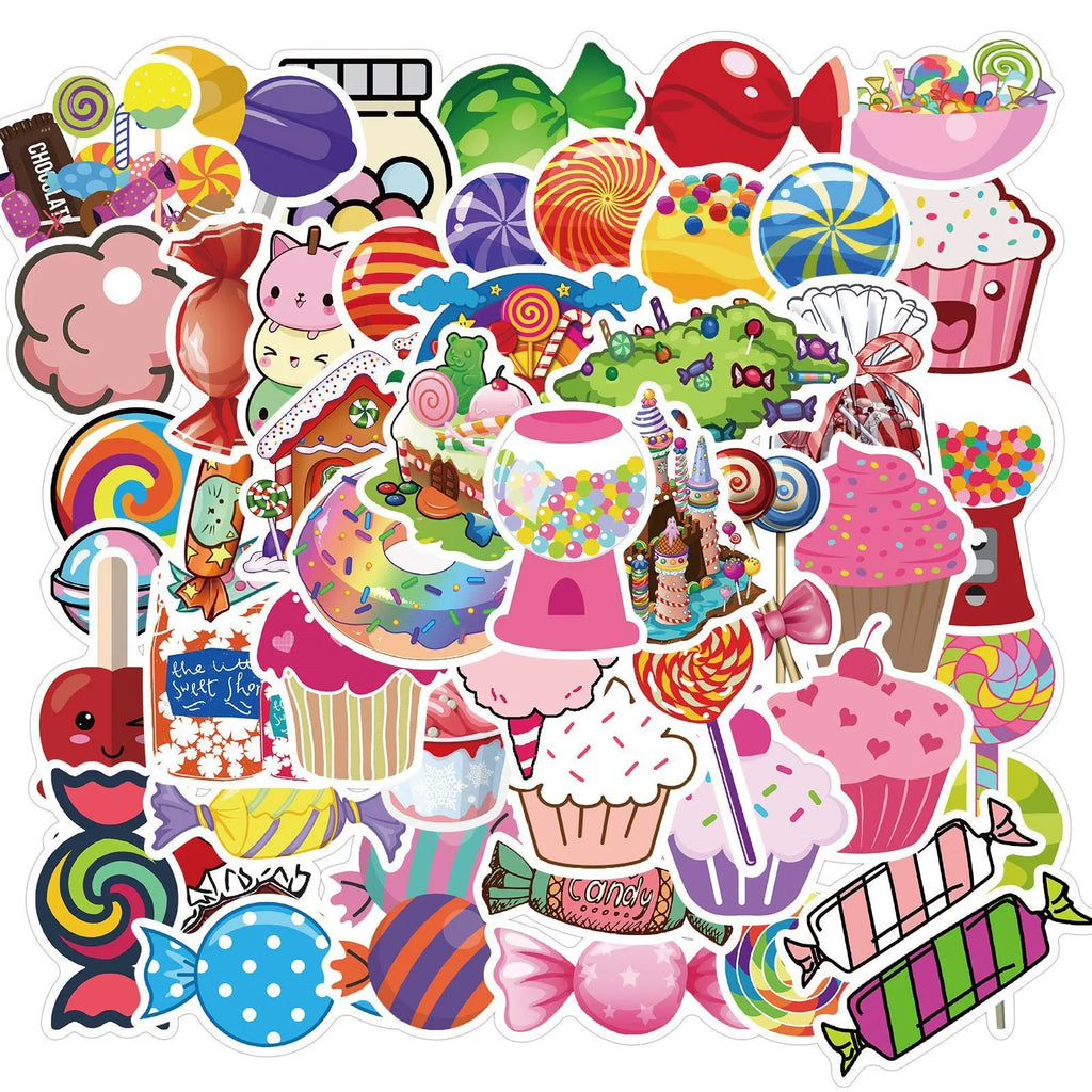 50 colourful candy series graffiti stickers with cartoon patterns measuring 4-6cm each