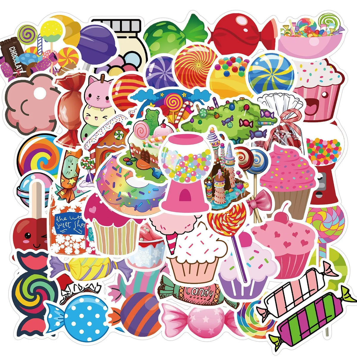50 colourful candy series graffiti stickers with cartoon patterns measuring 4-6cm each